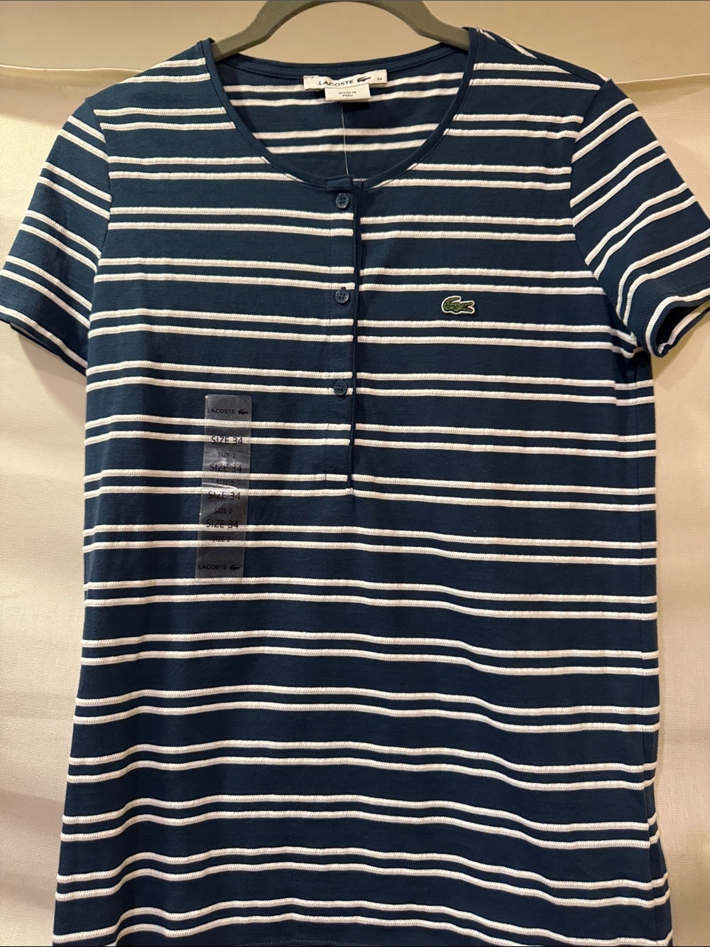 Lacoste Navy & White Striped Short Sleeve Polo Top